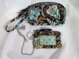 2 Pc VERA BRADLEY wristlet change purse wallet organizer Zip BROWN JAVA BLUE