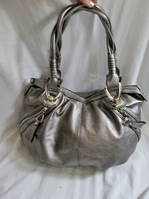 B. MAKOWSKY Pebbled Leather TOTE Hobo Carryall Satchel Shoulder bag SILVER METALLIC