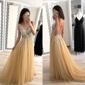 beaded prom dresses long v neck sleeveless elegant tulle champagne prom gown robe de soiree 2020