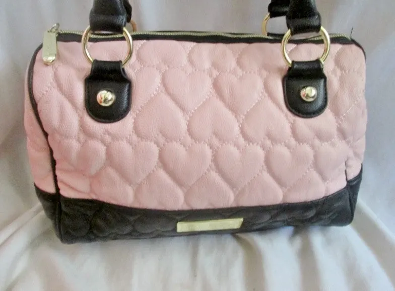 BETSEY JOHNSON Quilted Vegan Satchel Bowler Bag Heart Duffle PINK BLACK Hipster