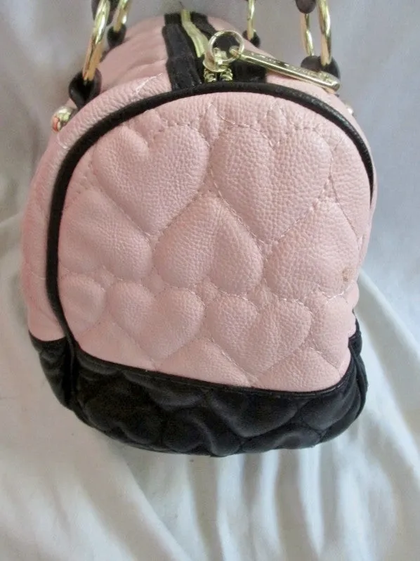 BETSEY JOHNSON Quilted Vegan Satchel Bowler Bag Heart Duffle PINK BLACK Hipster