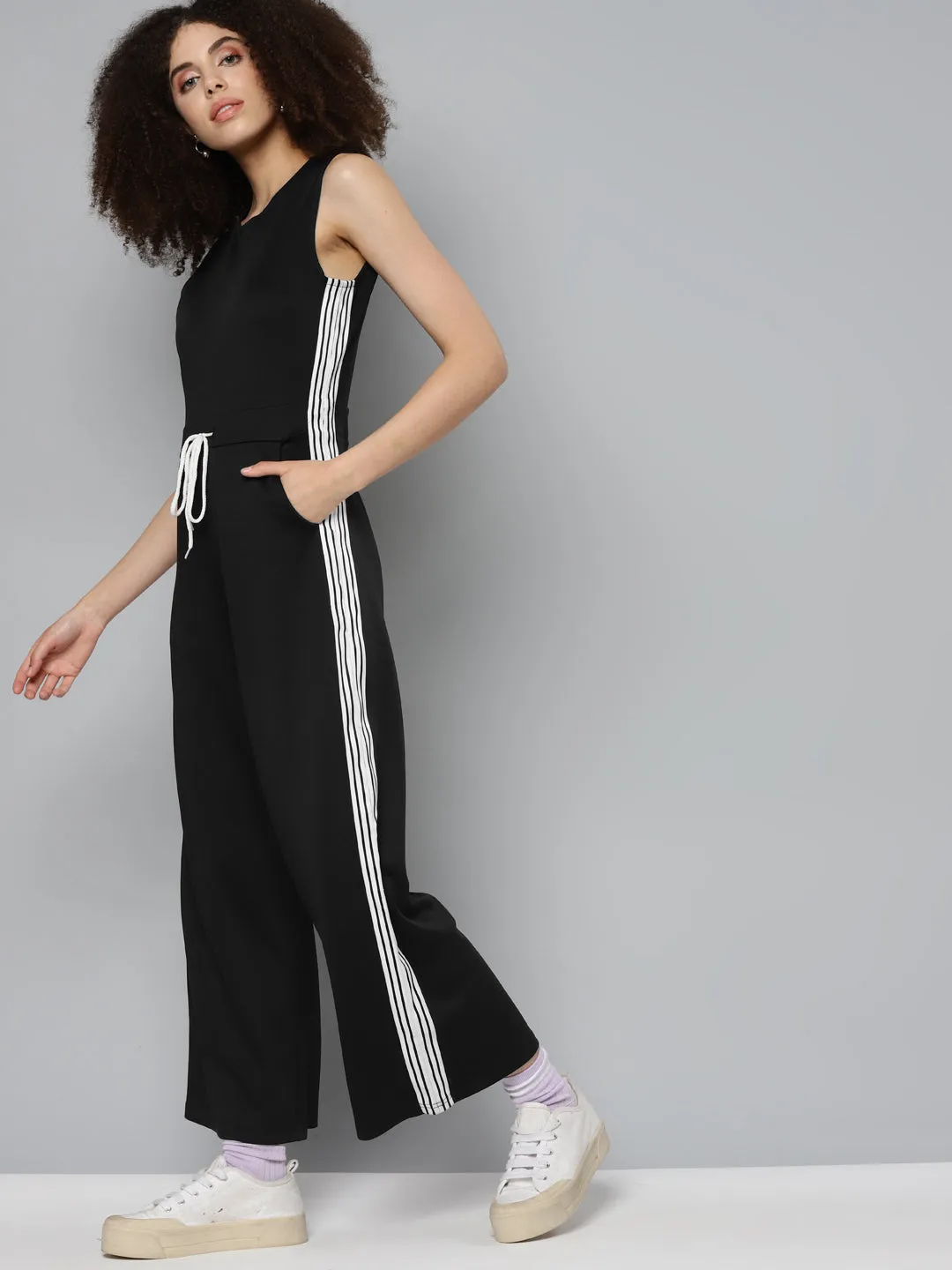 Black Scuba Drawstring Sleeveless Jumpsuit