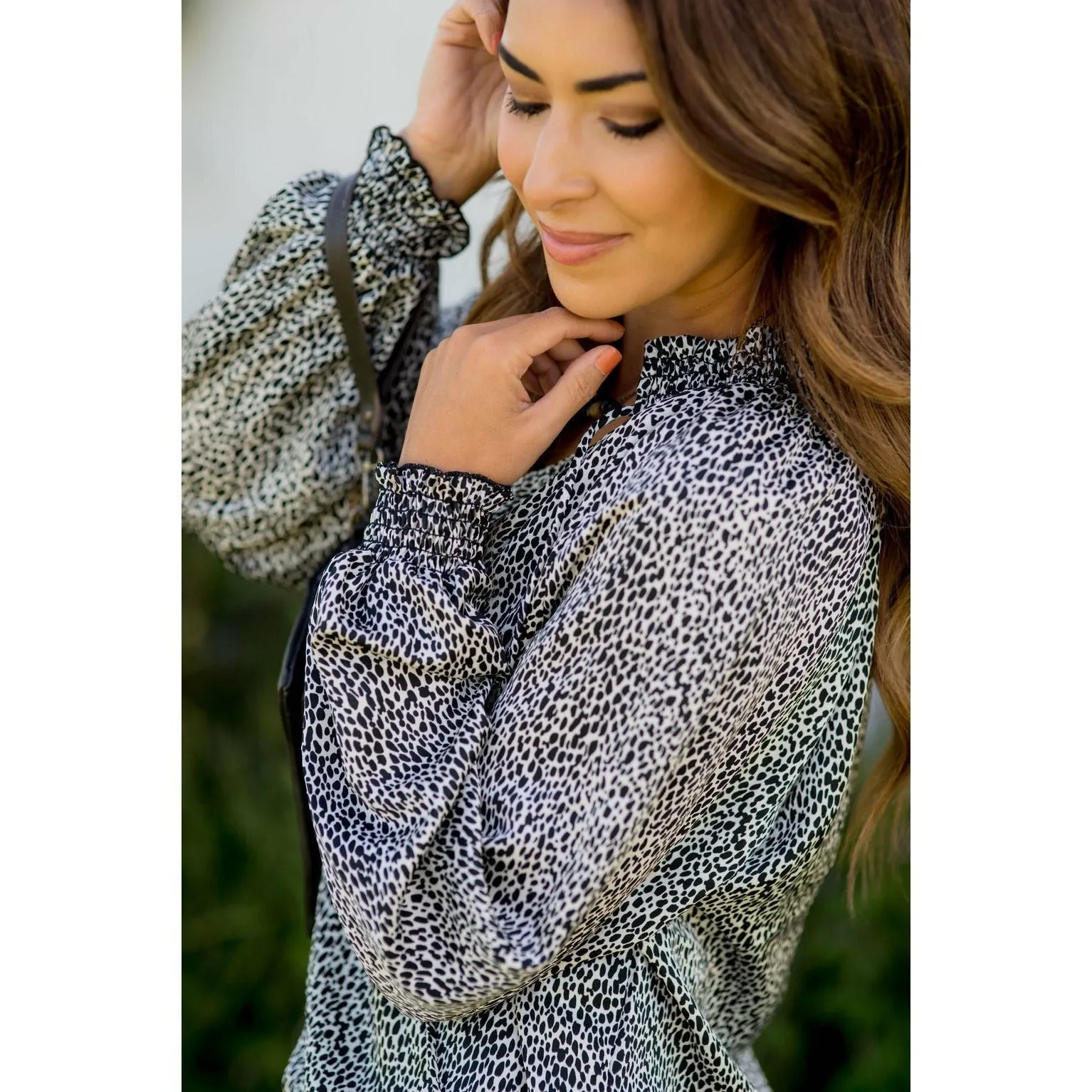 Cinch Sleeve V-Neck Cheetah Blouse