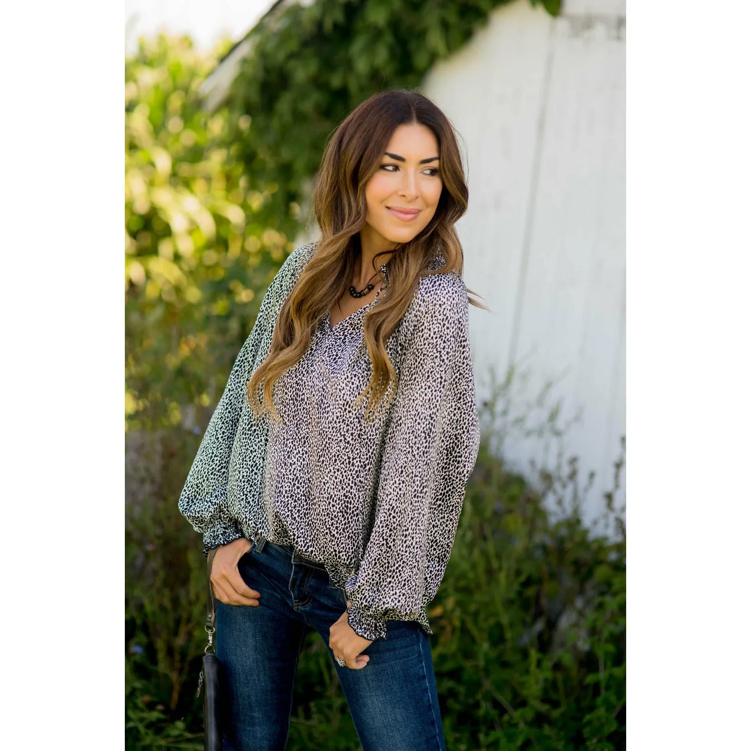 Cinch Sleeve V-Neck Cheetah Blouse