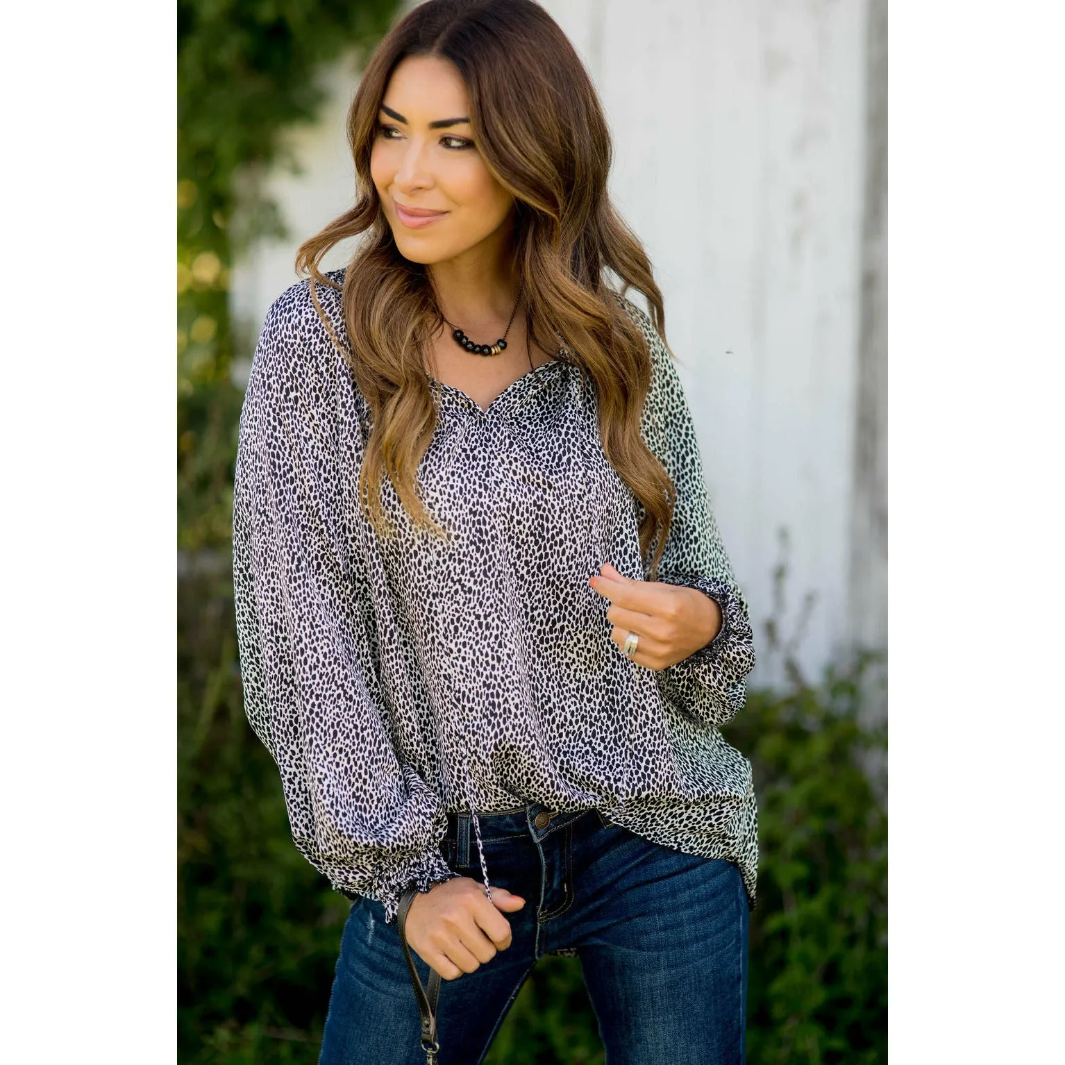 Cinch Sleeve V-Neck Cheetah Blouse