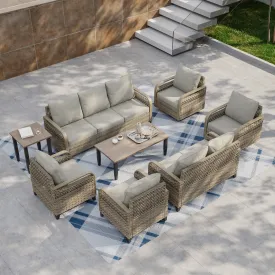 EAGLE PEAK 8 Piece Wicker Outdoor Patio Furniture Set, Patio Set with 2 Swivel Rocking Chairs, 2 Patio Chairs, 3 Seat Loveseat Sofa, 2 Seat Loveseat Sofa, Coffee Table and Side Table, Brown/Gray