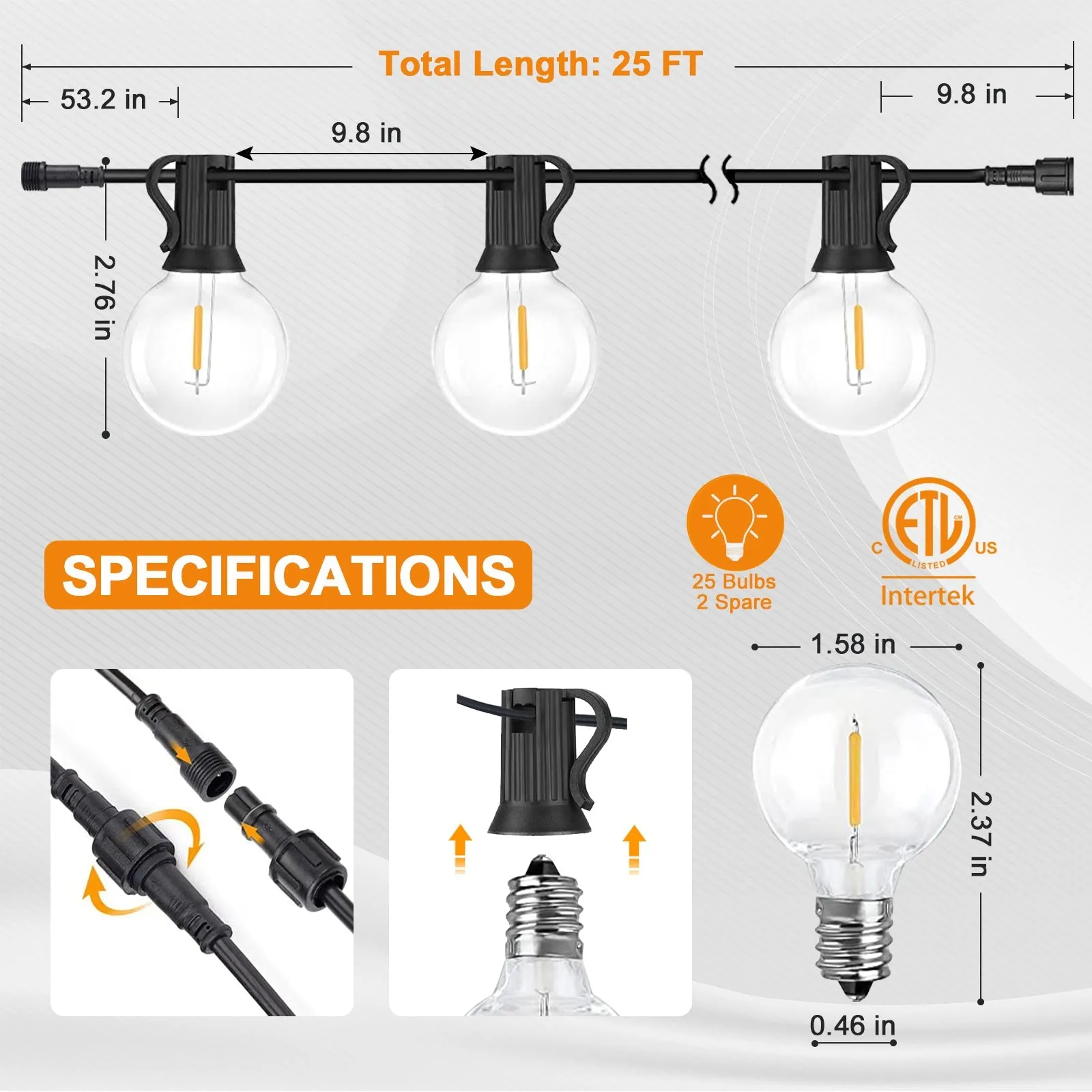 EAGLE PEAK Outdoor Solar String Lights 25 ft G40 of Waterproof Patio Lights with 25 LED Shatterproof Bulbs (2 Spare), 4 Light Modes for Christmas, Gazebo, Canopy, Wedding, Party, Garden, Porch or Yard, E12 Base