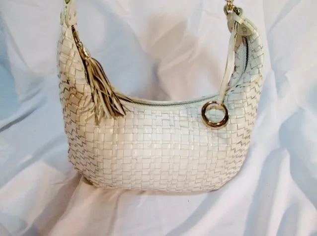 ELLIOTT LUCCA leather woven shoulder handbag purse hobo bag WHITE