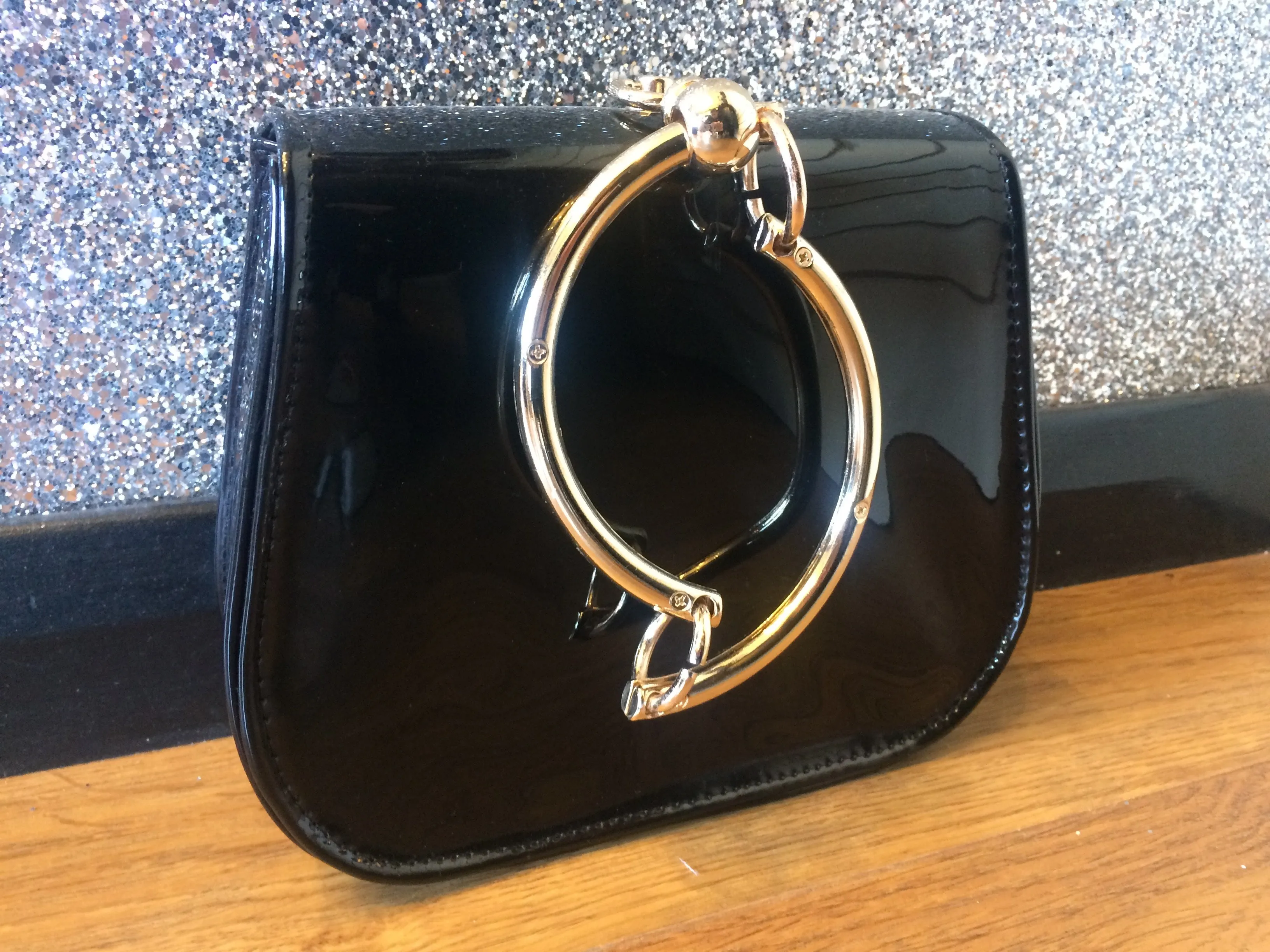 Gold Circle Handle Patent Handbag- Black