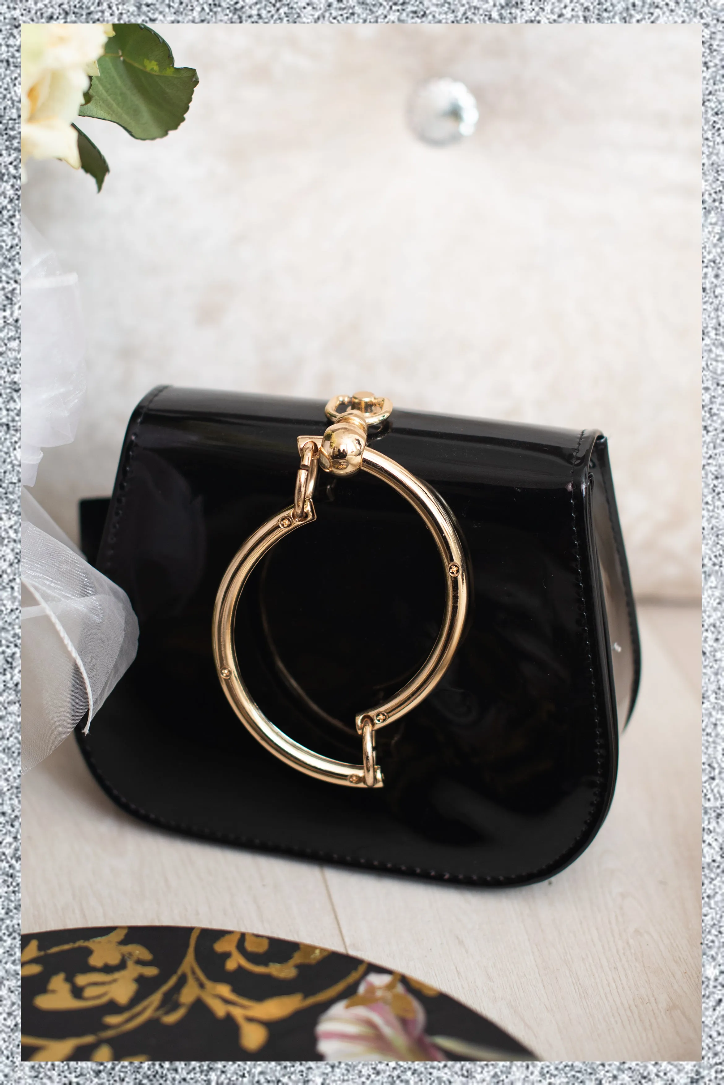 Gold Circle Handle Patent Handbag- Black