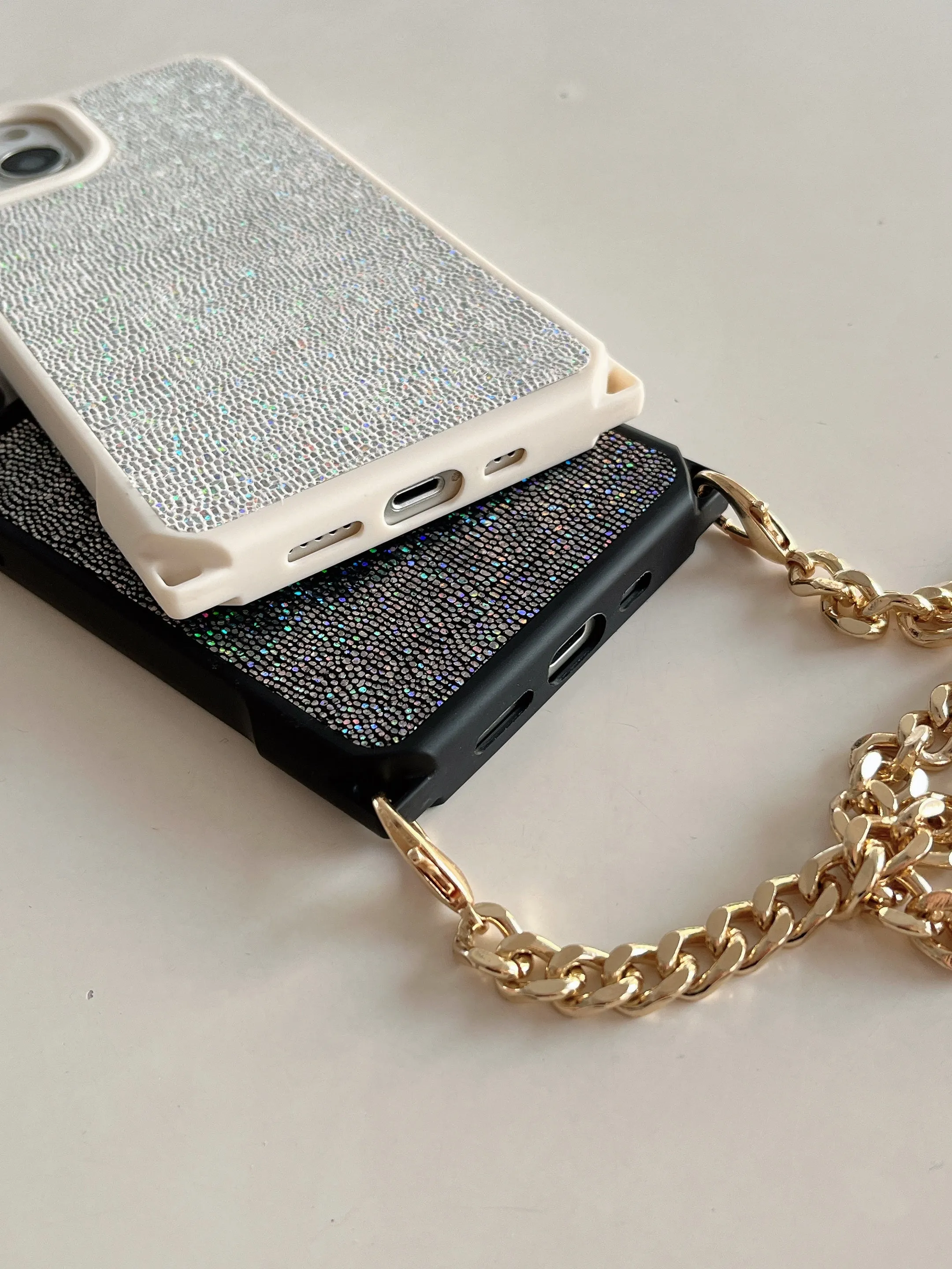 Holographic Leather Finsh iPhone Case With Sling Chain