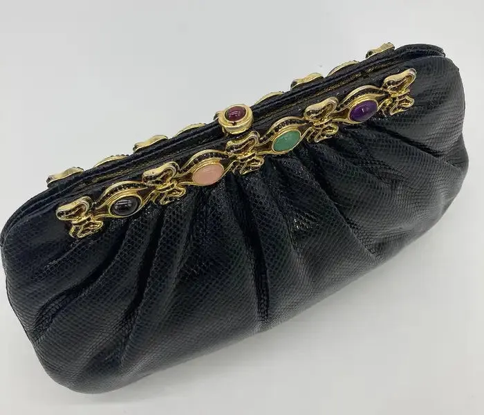 Judith Leiber Black Lizard Black Crystal Multi Color Gemstone Clutch