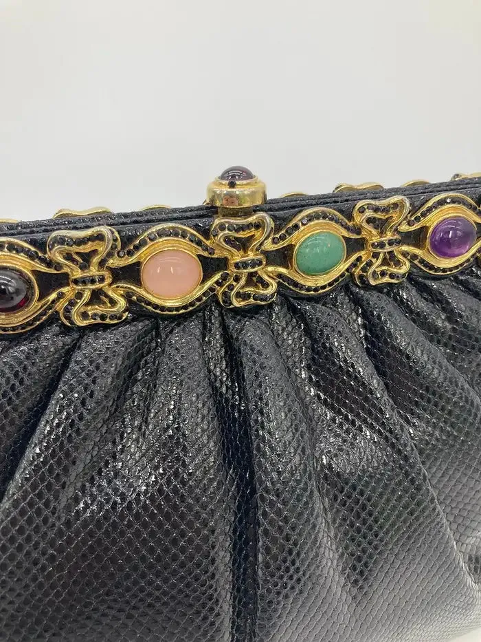 Judith Leiber Black Lizard Black Crystal Multi Color Gemstone Clutch