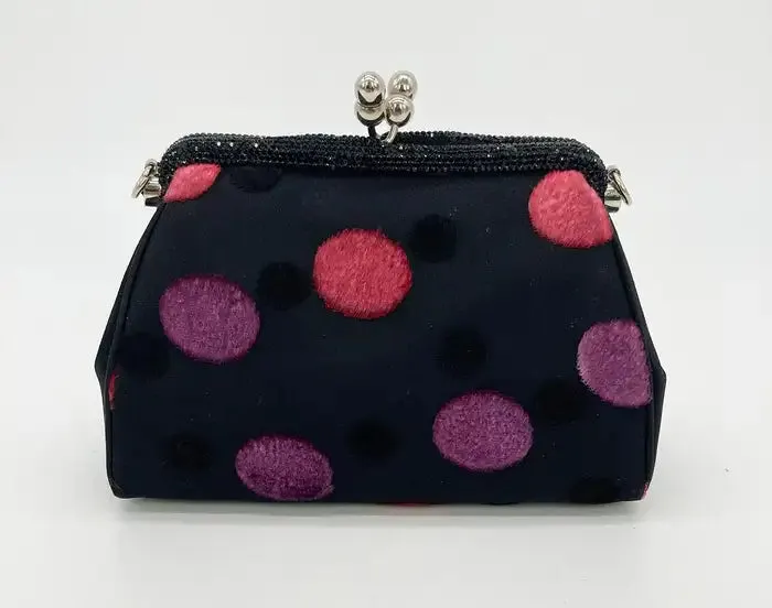 Judith Leiber Black Silk Velvet Polka Dot Crystal Top Clutch