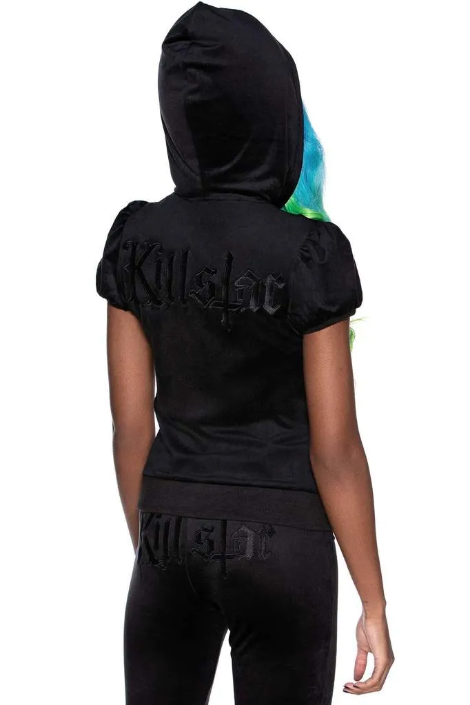 Killstar Dee-Lux Velvet Zip Front Short Sleeve Hoodie in Black