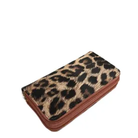 Leopard Double Zip Around Wallet with Wristlet Strap