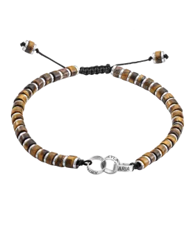 Men's Brown Tiger Eye Disc Bead & Forever Links Bracelet - 14K White Gold