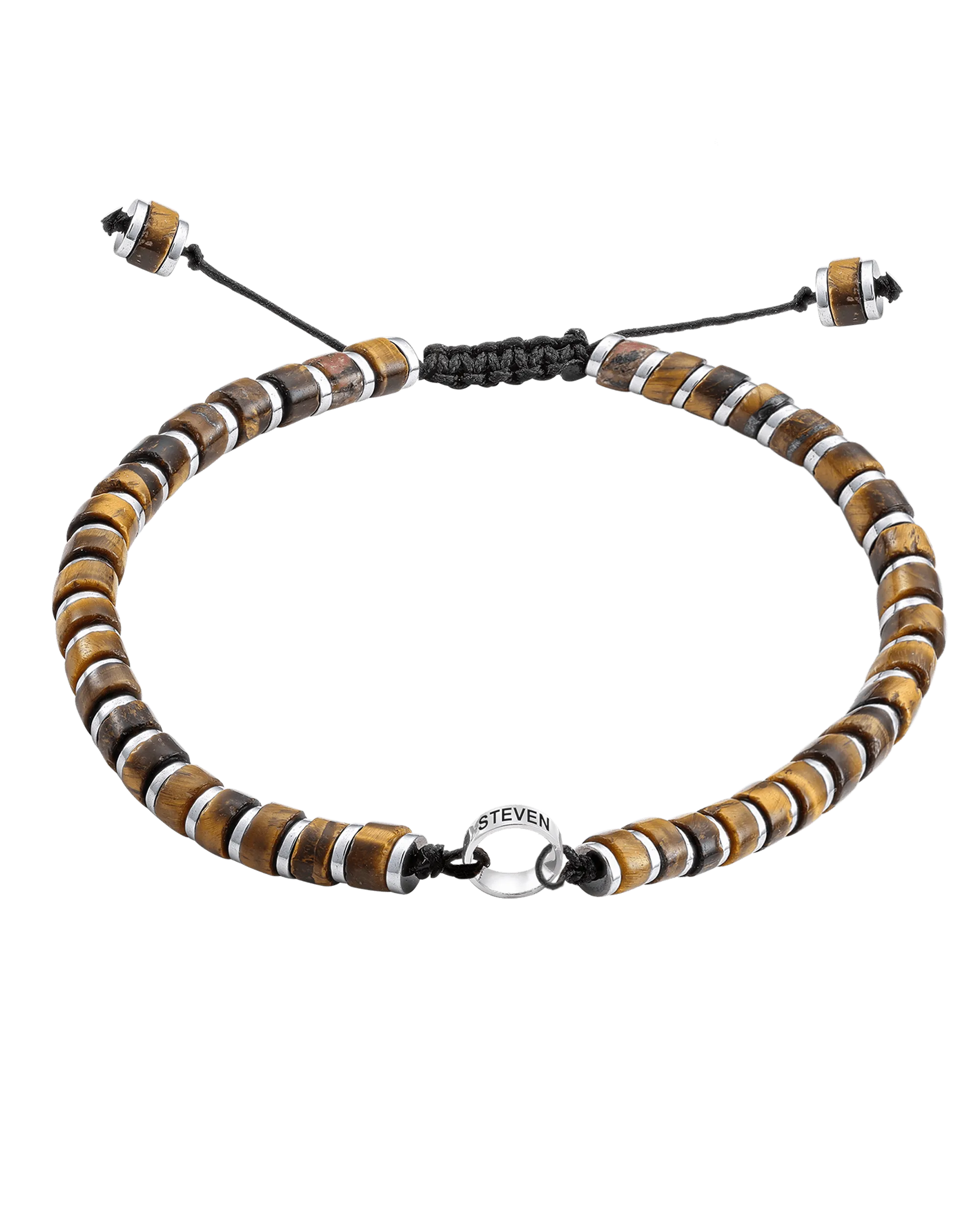 Men's Brown Tiger Eye Disc Bead & Forever Links Bracelet - 14K White Gold