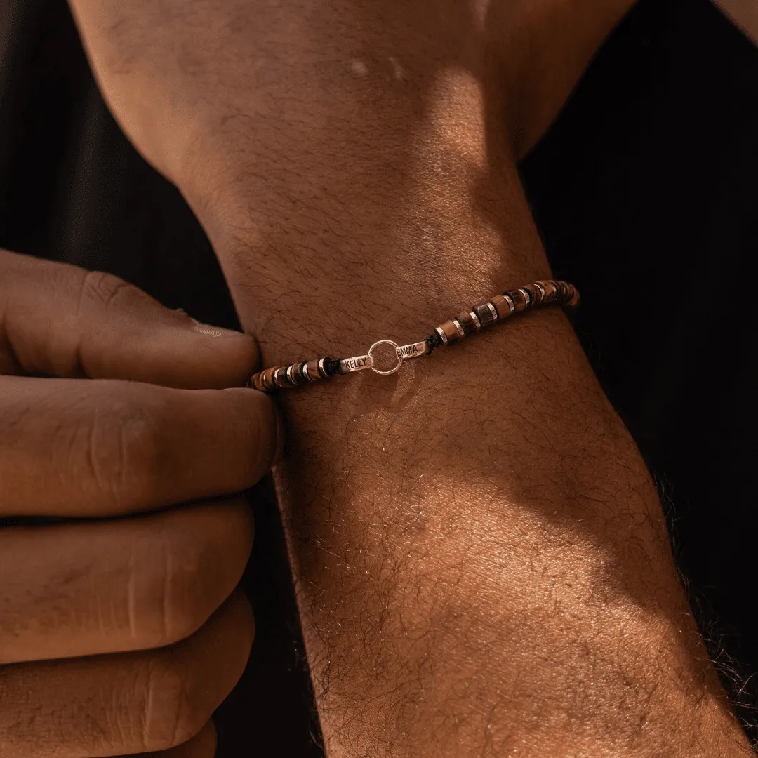 Men's Brown Tiger Eye Disc Bead & Forever Links Bracelet - 14K White Gold