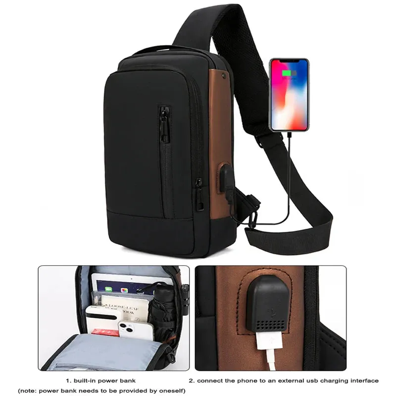 Men's Shoulder Bags Waterproof Usb Crossbody Oxford Bag Anti-Theft Sling Bag Short Travel Messenger Chest Pack For Male