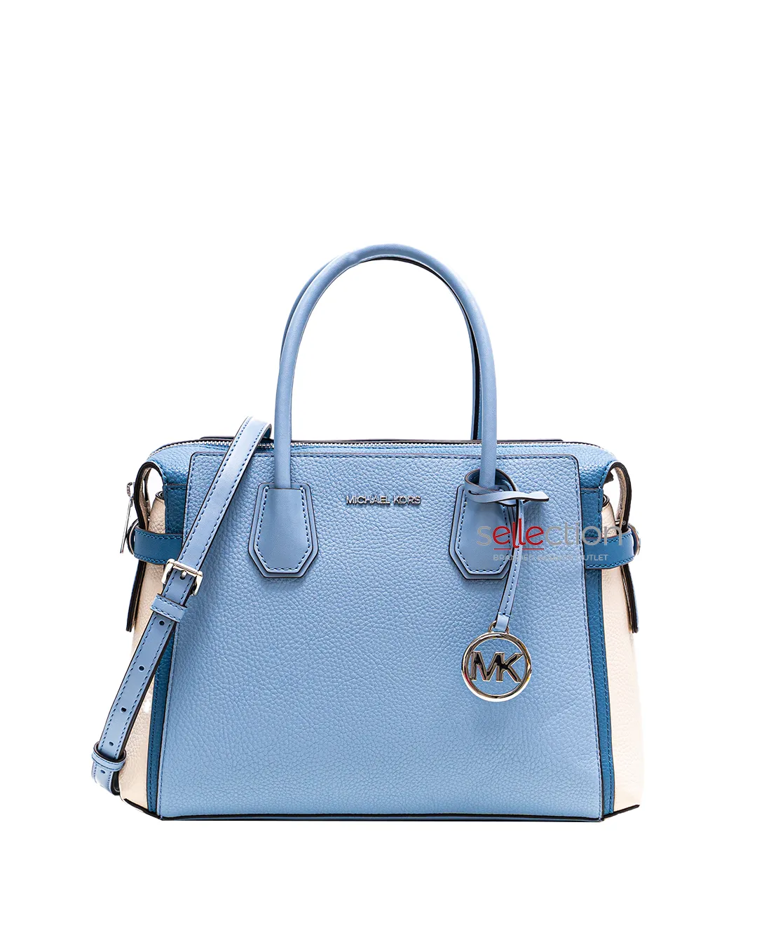 Michael Kors Mercer Medium Pebbled Leather Belted Satchel Bag In Pale Blue Multi