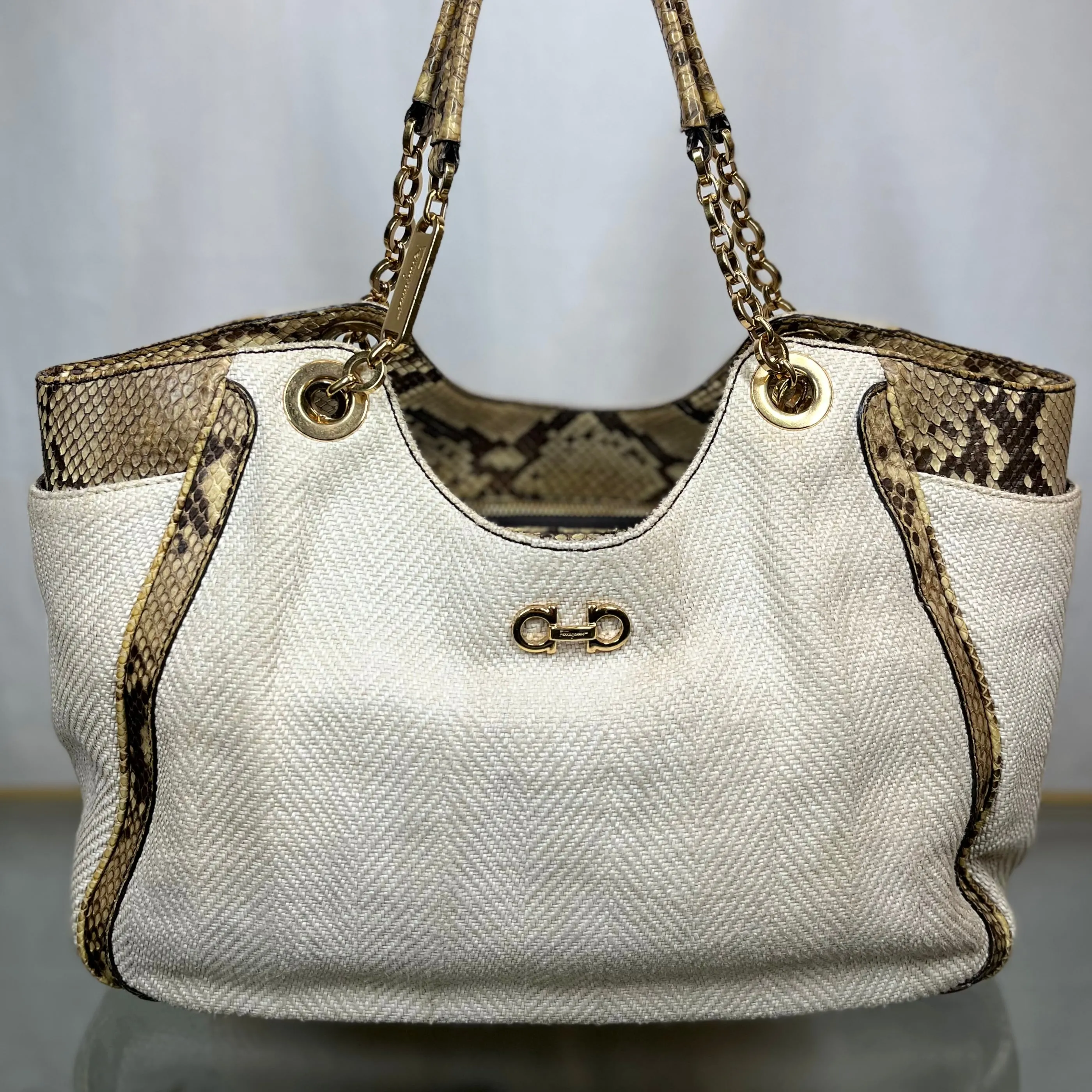 SALVATORE FERRAGAMO  Betulla Snakeskin/Canvas Shoulder Bag TS3734