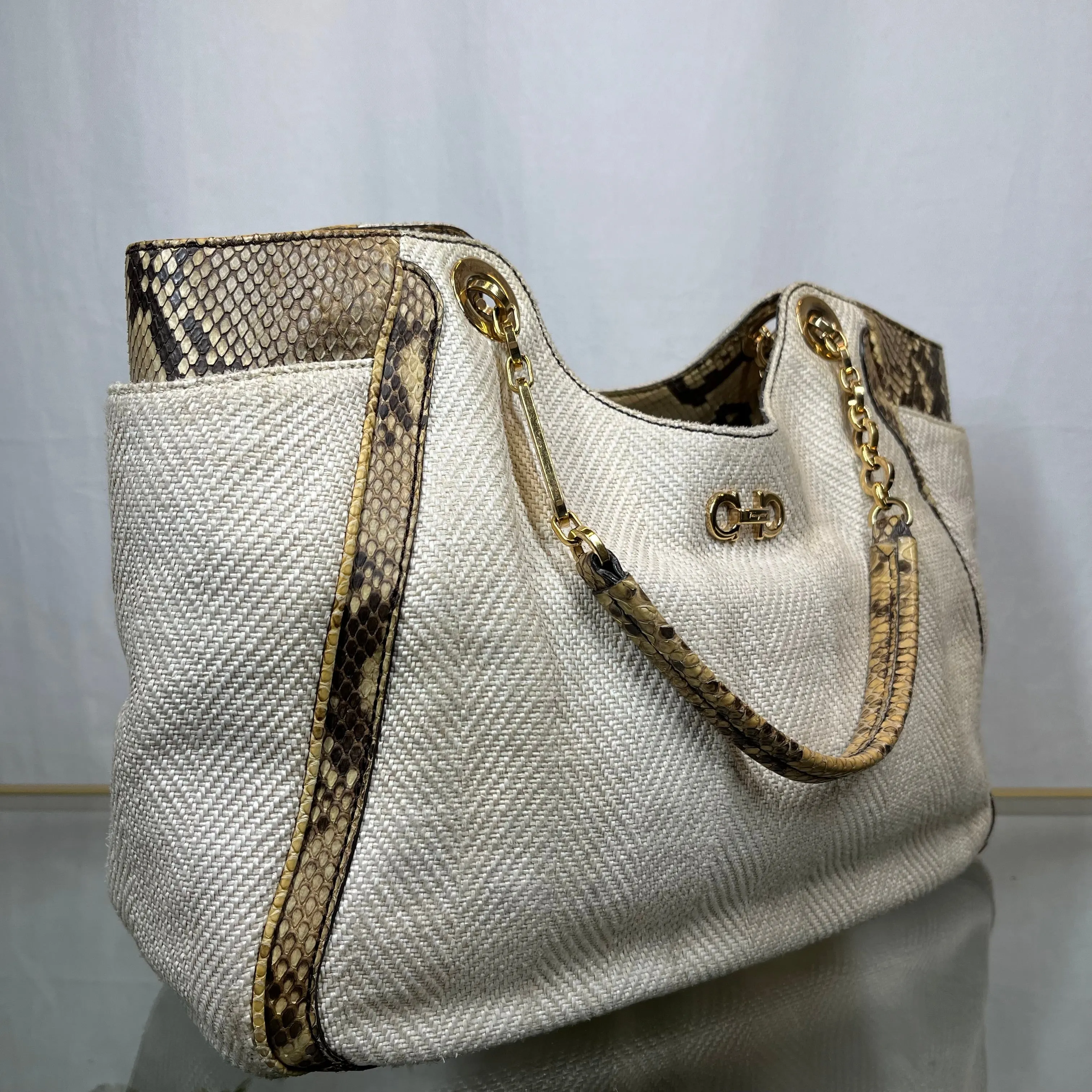 SALVATORE FERRAGAMO  Betulla Snakeskin/Canvas Shoulder Bag TS3734