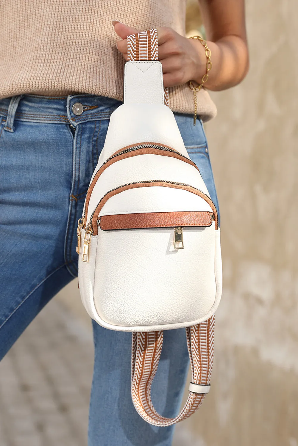 White Multi Zipped Street Casual Sling Bag